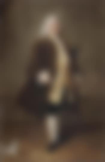 Portrait of gentleman in gold embroidered waistcoat and brown coat, holding a cane (preview)