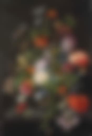 Flowers in glass vase on stone ledge with critters (preview)