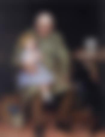 Farmer with his granddaughter and their Collie in kitchen (preview)
