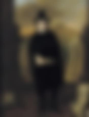 Portrait of a young man, full-length, in a black costume and hat, standing amongst classical sulpture, a landscape beyond (preview)