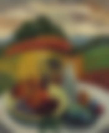 Still life, white bottle and landscape (preview)