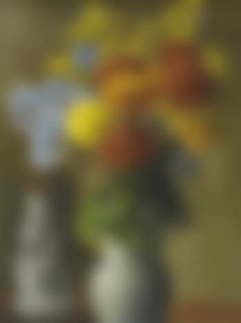 Still life of flowers in a grey vase, a pottery figurine nearby (preview)