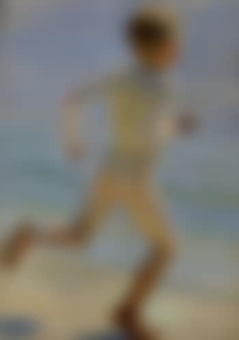 Nøgen Dreng, set fra hojre Side I Lob paa Sandet ud mod Vandet. Naked boy running on the beach towards the sea (preview)