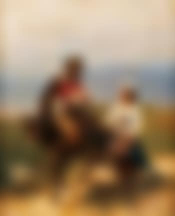 Peasant couple with baby traveling on donkey (preview)