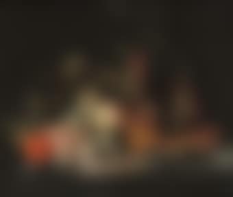 A herring on a pewter platter with oranges, figs, apples, grapes, a loaf of bread, a façon de Venise glass and a Roemer on a stone ledge (preview)