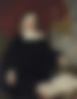 Portrait of Hendrik Thiebaut, three-quarter-length, in black, his left hand resting on a copy of the Bible, an open copy of Annales et Histoires des Troubles du Pais-Bas on the table in front of him, a draped curtain and coastal landscape beyond (preview)
