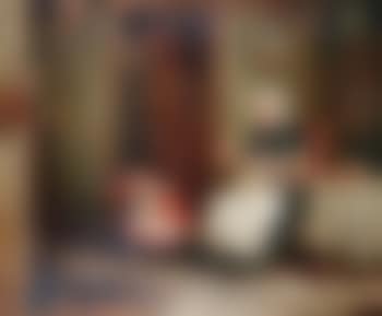Cottage interior with young girl playing with a kitten and a lady sewing seated by a table (preview)