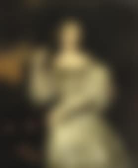 Portrait of a lady, three-quarter-length, in a silver silk dress decorated with pearls, standing in a park landscape near a bush of roses (preview)