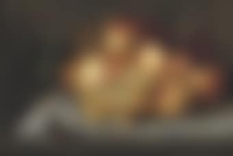 Apples, grapes, pears and apricots on a stone ledge with a butterfly, and spiders nearby (preview)