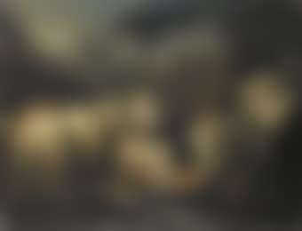 A mountainous wooded landscape with a ram, ewe, billy goat and a nanny goat at a stream (preview)