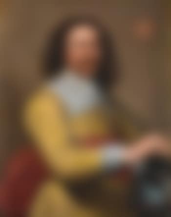 Portrait of an officer, half-length, in a yellow coat, a red sash and a lace collar, his hand resting on his helmet (preview)