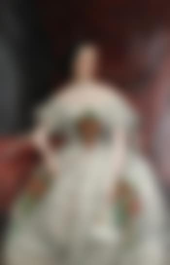 A three-quarter length portrait of a woman in a lace ballgown applied with flowers (preview)