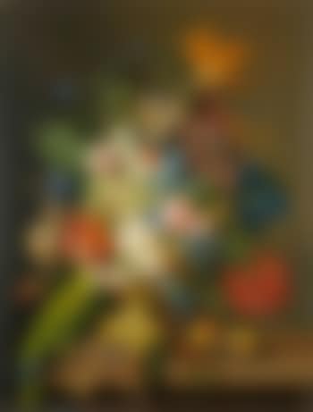 A still life of roses, tulips, a bird of paradise, and other flowers in an urn, beside a green parrot, grapes and peaches on a marble ledge. A still life of roses, hydrangeas, poppies and other flowers in an urn with an African Grey parrot... (preview)