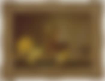Still life of two glass goblets, lemons and mushrooms on a ledge (preview)