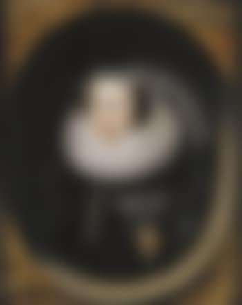Portrait of Sarah Harington, Lady Edmondes (c1566-1629), bust-length, in a black dress and ruff, a head-dress with pearls, and a pendant with monogram 'H', in a feigned marble oval (preview)