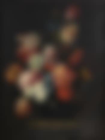 Tulips, roses, narcissi and other flowers in a glass vase on a stone pedestal (preview)