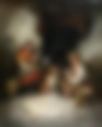 Cottage interior with young girl and boy feeding a dog. The damaged can - figures by a cottage. (preview)