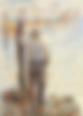 Fisherman looking out to sea, cobbles and fishing fleet in the distance (preview)