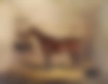 Hunter in a stable, a black spaniel holding a twig in the foreground (preview)