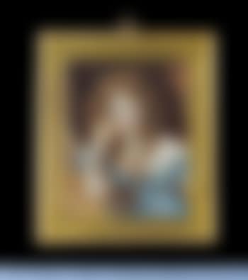 Miss Roper, wearing blue dress over white lace slip, jewel encrusted heart-shaped pendant on a gold chain about her neck and matching bracelet, hair in ringlets, plaited across the crown, she rests her right elbow on a gold-coloured cloth (preview)