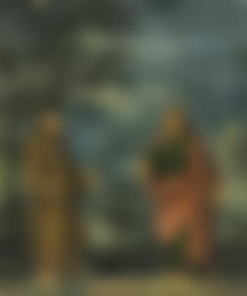 Franz von Assisi mit Stigmata und ein Heiliger mit Schwert und Buch in Landschaft, im Hintergrund eine Burg (preview)