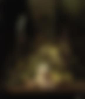 Grapes, pears, apples, peaches, plums, roses, a bronze tazza, a bird's nest and a glass dome containing red finches, on a wooden shelf (preview)