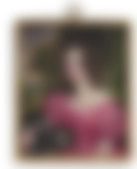 Caroline Lavinia Lyttelton (1816-1902), seated, in pink dress with puffed sleeves, bows adorning the bodice, a black lace wrap draped over her right arm, wearing a gold necklace, dark hair dressed in ringlets.. (preview)