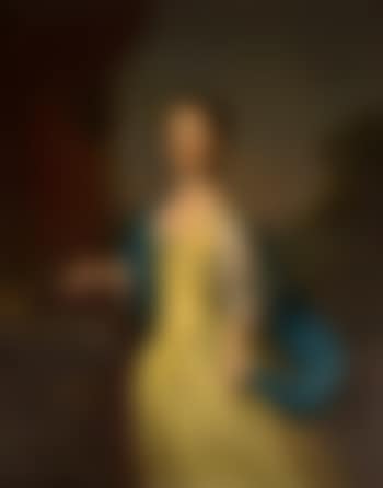 and blue shawl, holding a shell in her right hand and standing by a table with a view to a landscape beyond (preview)
