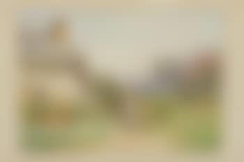 Girl beside a cottage gate, lambs in an orchard (preview)