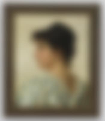 Bust-length profile of a young woman wearing a blue and white shawl (preview)