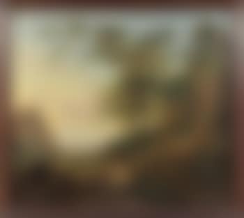Paysage de campagne aux abords d'un fleuve avec des villageois et un pâtre en chemin (preview)