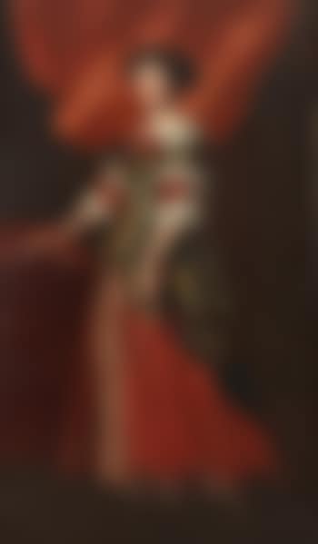 Portrait of a lady, full-length, in a red and gold brocade dress standing before a red curtain (preview)