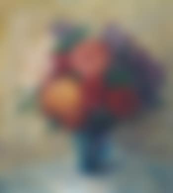 Stilleben mit bunten Chrysanthemen in blauer Glasvase (preview)