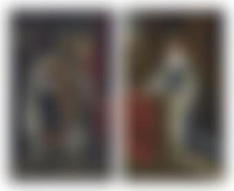 Portrait of King William III (1650-1702), full-length, in robes of state, beside a table with the crown and orb; and Portrait of Queen Mary II (1662-1694), full-length, in robes of state, by a draped table on a terrace (preview)