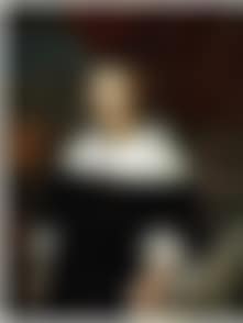 An elegant woman in a black dress with a white collar standing near a balustrade (preview)