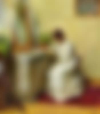 En læsende ung Dame i hvid Dragt ved sit Toiletbord (preview)