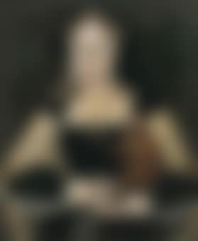 Portrait of Katherine of Aragon (1485-1536), Queen of England, half-length, in a black and white dress with a pendant cross, holding a marmoset and a coin (preview)