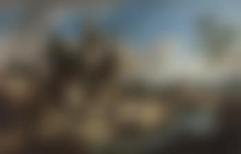 Rovine di un edificio classico di ordine corinzio presso un fiume, con un borgo rurale e un ponte a destra sullo sfondo e astanti vari (preview)