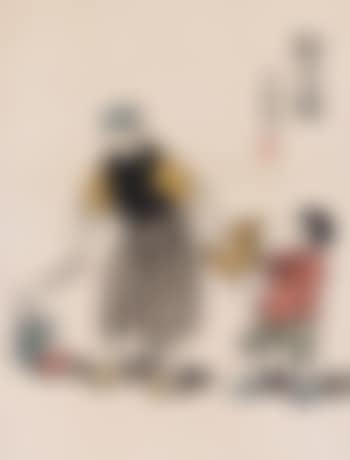 Ein Mann mit einem Messer und einem Huhn, das von einem Mädchen festgehalten wird (preview)