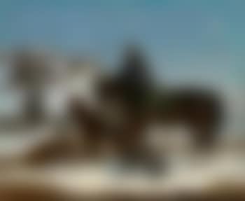 Hohe gerittene russische Militärs in stürmische Schneelandschaft zur Zeit der napoleonischen Kriege. Kurier mit drei Pferden und Barsois vor befestigter Anhöhe (preview)