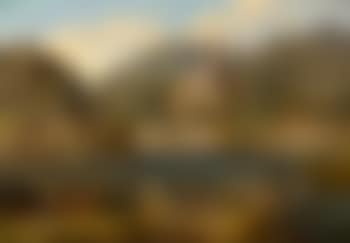 A harbor with figures on a quay and a hill town beyond (preview)