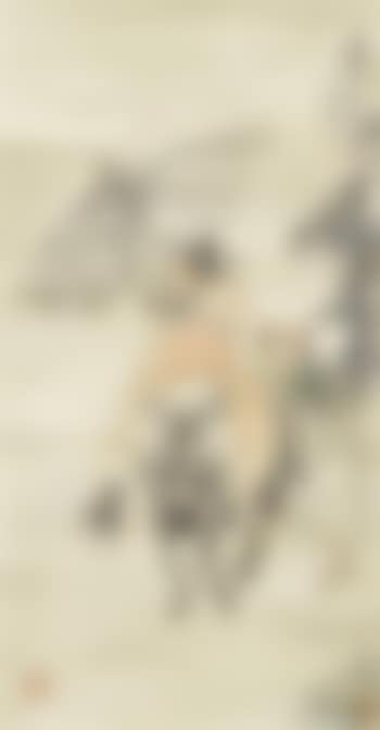 Der bärtige Dämonenjäger Zhongkui mit rotem Gewand sitzt seitlich auf einem Esel, ein Gehilfe hält einen Schirm für ihn (preview)