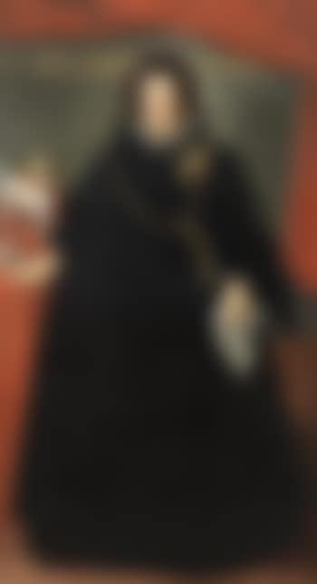 Portrait of a lady, full-length, in a black dress with a gold chain and brooch, a white handkerchief in her left hand, standing beside a lap dog and a sliver-bound prayer book on a table draped with a red cloth (preview)