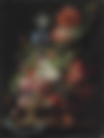 Roses, tulips, carnations, poppies, daisies, morning glories, an iris and other flowers in a silver vase on a stone ledge with a pocketwatch and a key tied to a blue ribbon (preview)