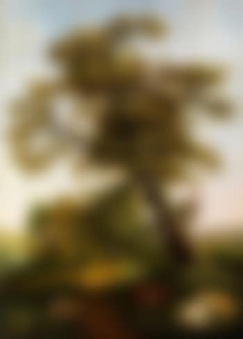 Grosser Eichenbaum vor einem Eichenwäldchen im Hintergrund mit schlafendem Hirten und rastenden Ridern (preview)