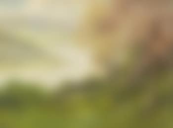 Landscape with cherry blossoms in th foreground, leading towards a river and hills in the background (preview)