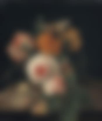 Pink peony roses, a carnation and daisies with a dragonfly, two butterflies, a moth and a snail, all on a marble ledge (preview)