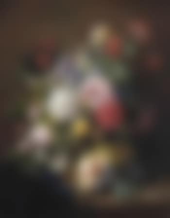 Roses, poppies, peonies, tulips and syringa with a caterpillar and a moth in a vase with classical reliefs, peaches and grapes on a copper ewer and grapes and a seashell on a partially draped marble ledge (preview)