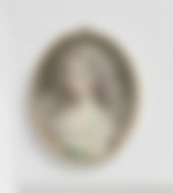 Mrs John Richardson, née Harriet Emma Burnaby, in white dress with frilled collar and green sash, gold-bordered white surcoat, white knotted scarf in her powdered curling hair (preview)