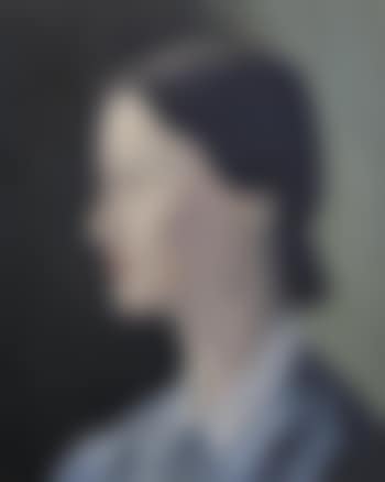 Portrait of a young girl in profile, bust length, wearing a blue dress with a white collar, her hair tied back (preview)